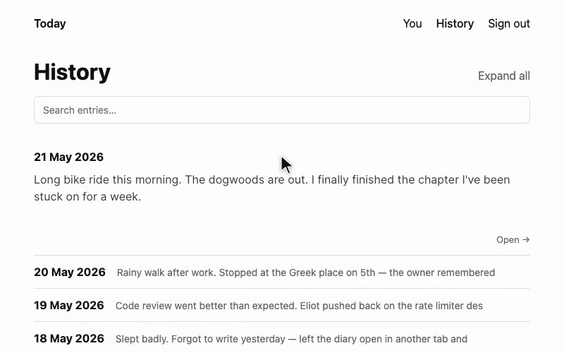 Screenshot of the diary3 history view with seven past entries.