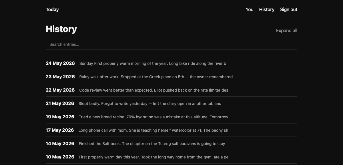 Screenshot of diary3's History page: a search box above a chronological list of past entries.