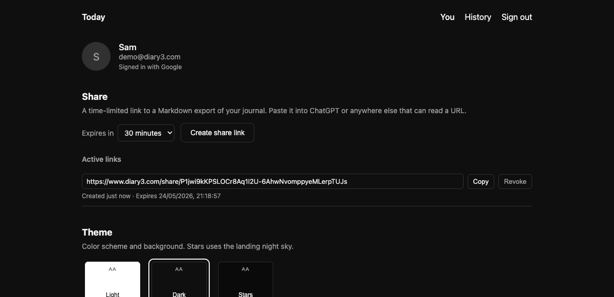 Screenshot of diary3's Share section: a time-limited URL with Copy and Revoke buttons.