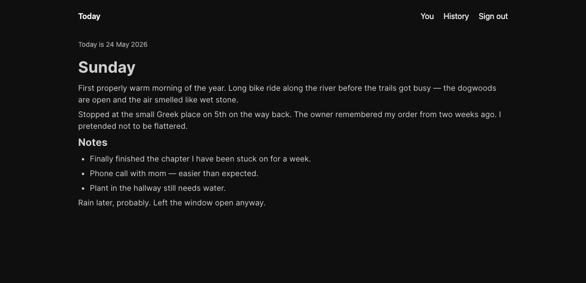 Screenshot of diary3's Today page: heading 'Sunday' with a paragraph and bulleted notes.