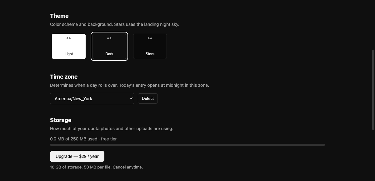 Screenshot of diary3's settings: Theme picker, Time zone selector, and Storage tier.